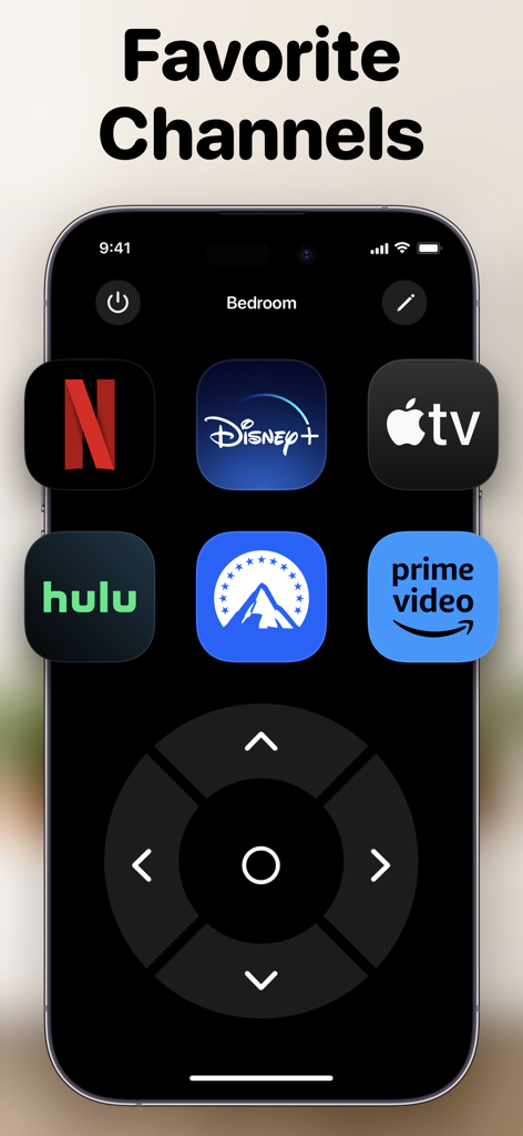 TV Remote +ㅤ - Pantalla de smartphone que muestra la interfaz de la aplicación TV Remote con iconos de lanzamiento rápido para servicios de streaming populares como Netflix y Disney Plus