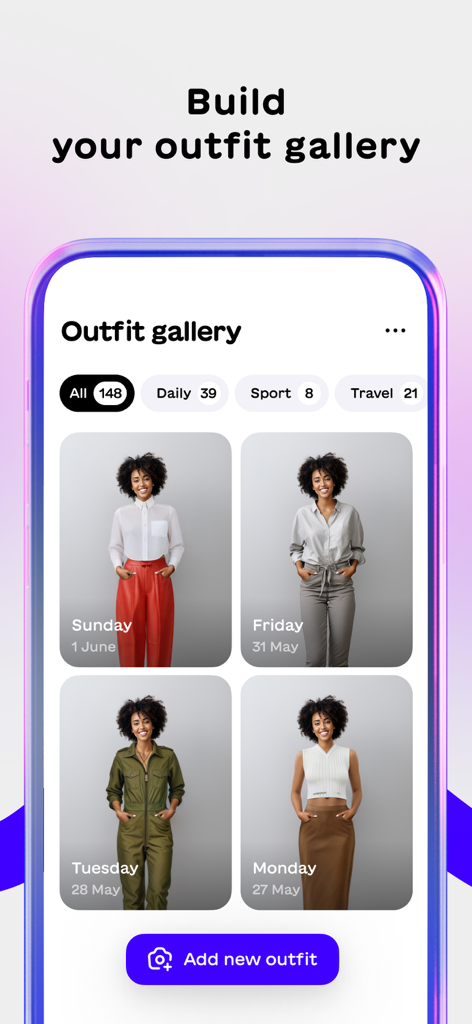 Aiuta – AI Stylist - Un catálogo digital y una galería de atuendos dentro de la aplicación Aiuta AI Stylist que muestran las tendencias de moda diarias.
