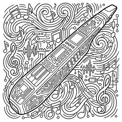 Explore the fascinating blend of music and technology with this intricate electronic wind instrument coloring page. Perfect for music enthusiasts and those who love detailed, modern designs.