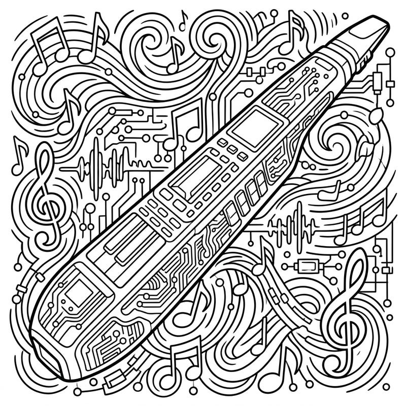 Explore the fascinating blend of music and technology with this intricate electronic wind instrument coloring page. Perfect for music enthusiasts and those who love detailed, modern designs.