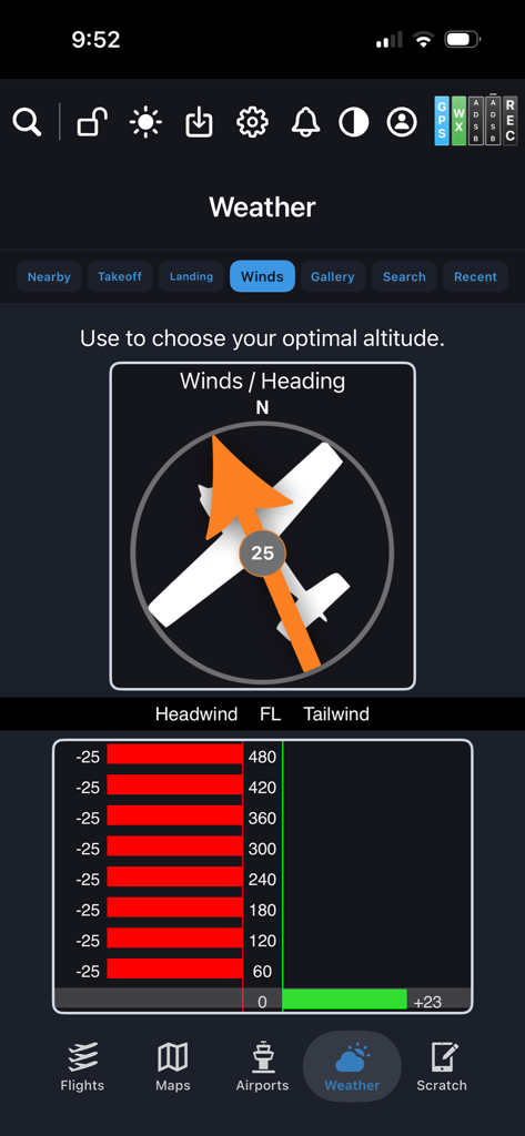 APG Pilot ONE interface displaying winds and heading analysis with headwind and tailwind components to determine optimal altitude