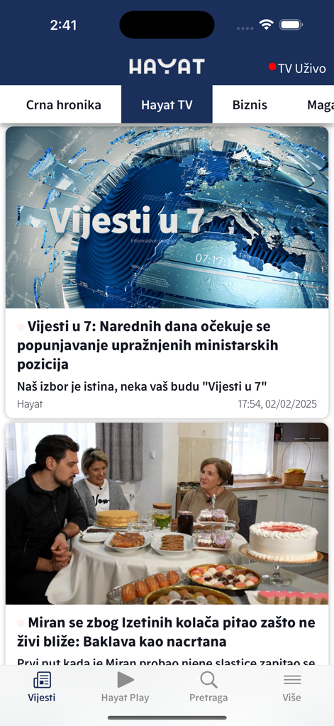 Hayat - Hayat mobile app screen displaying news headlines and lifestyle content in Bosnian