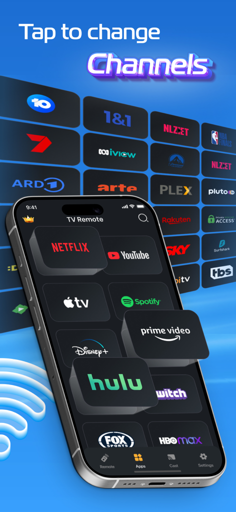 Smart TV remote app interface showing a selection of streaming channels and apps on an iPhone screen