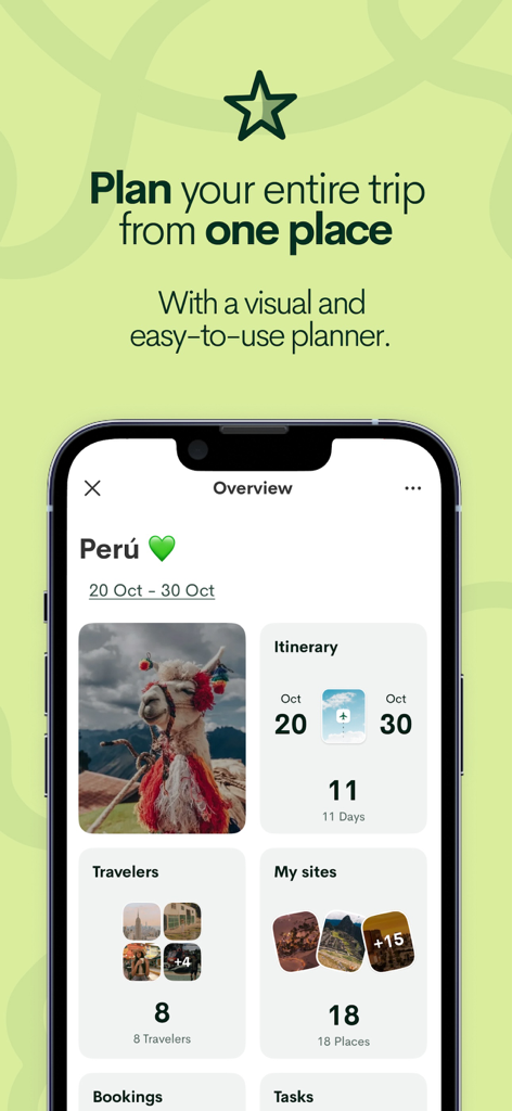 Passporter | Plan and Travel - Passporter app showing a visual trip overview for Peru with itinerary dates and traveler photos