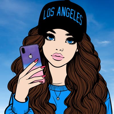 realistic beautiful girl wearing los ángeles cap holding an iphone