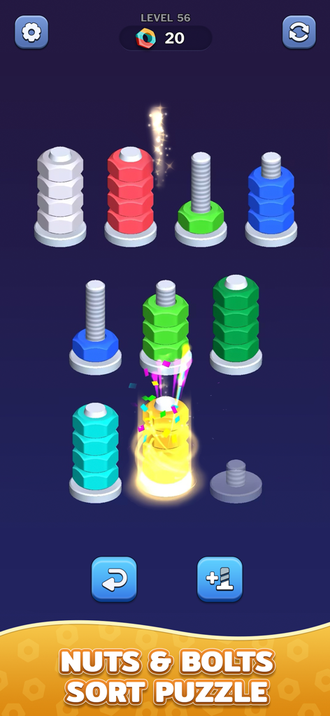 Gameplay of Nut Sort Games showing colorful nuts being sorted onto metal bolts