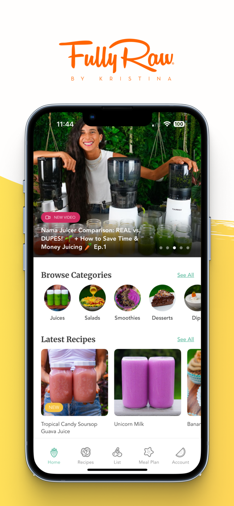 FullyRaw by Kristina - FullyRaw by Kristina mobile app dashboard displaying raw food recipe categories and latest posts
