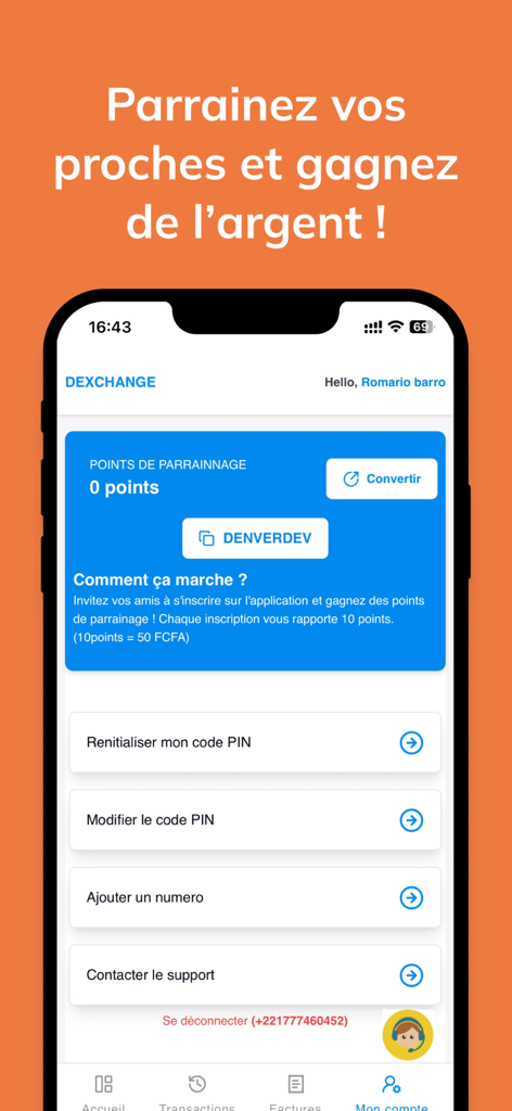 Tela do aplicativo Dexchange para pontos de referência e gerenciamento de conta