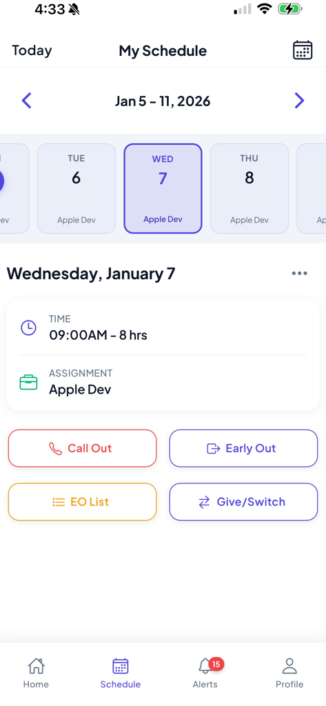 Mobile app interface of Casino Schedule Ease showing a weekly work schedule with options to call out, request an early out, or swap shifts.