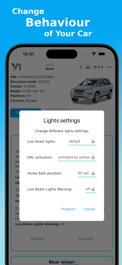 Pantalla de configuración de luces de la aplicación V-Tool OBD Scanner
