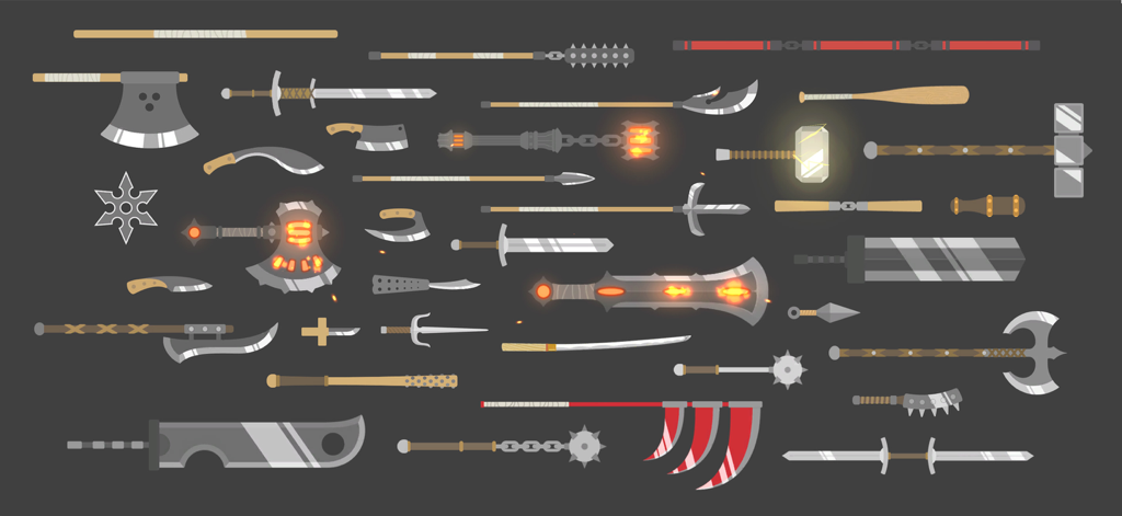 Uma grande variedade de armas corpo a corpo, incluindo espadas, machados e martelos para batalhas de stickman