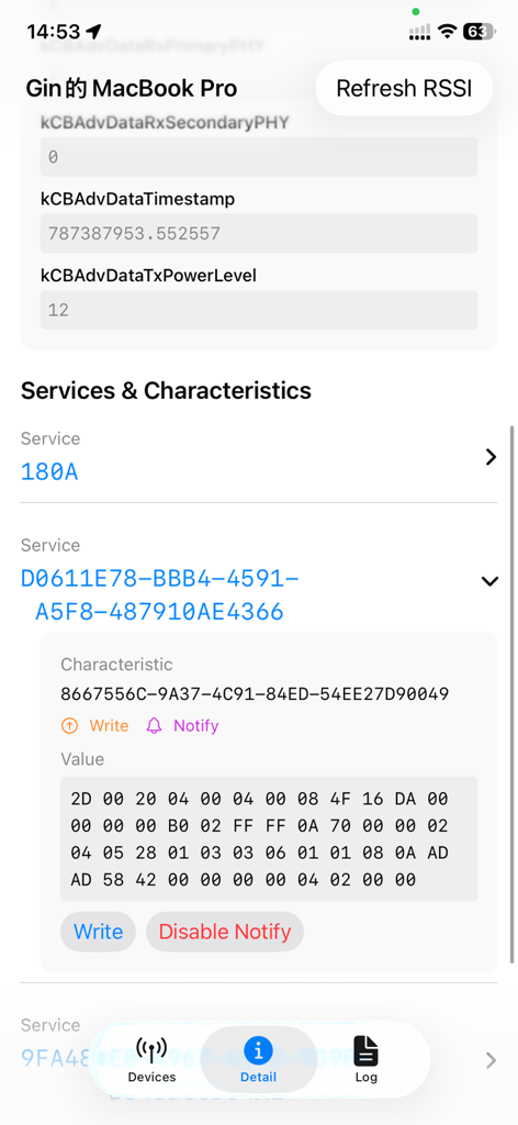 Bluetooth debug app interface showing device services and characteristic values in hexadecimal format.