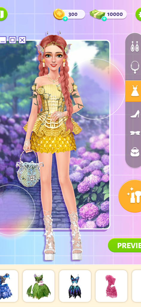 Bridal Boutique Wedding Games - Bridal Boutique Wedding Games character modeling a yellow dress in a purple garden