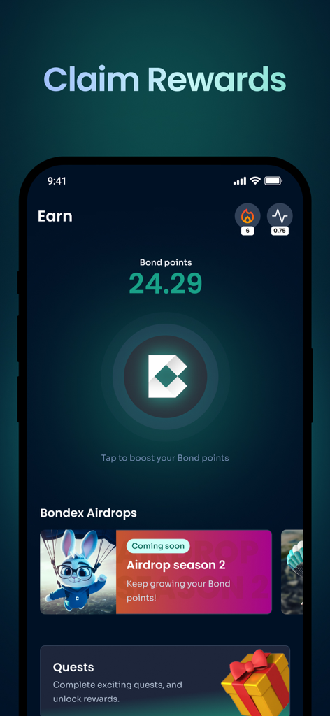 Bondex app earn rewards dashboard displaying Bond points and available airdrops.