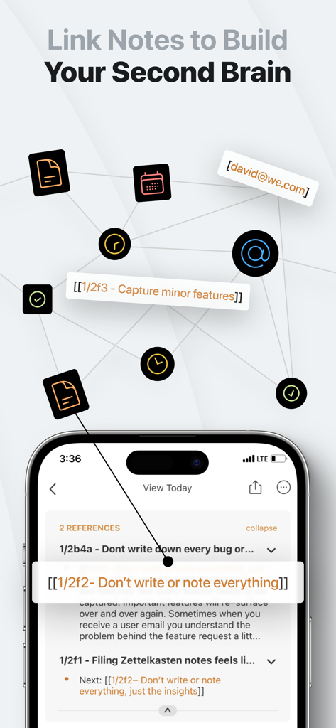 NotePlan - To-Do List & Notes - NotePlan app interface showing linked notes and a networked second brain concept with Markdown support