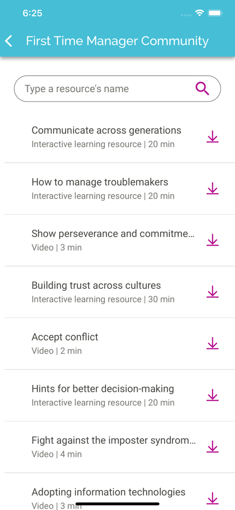 My Learning App - Interface de My Learning App montrant une liste de ressources de développement professionnel pour les managers