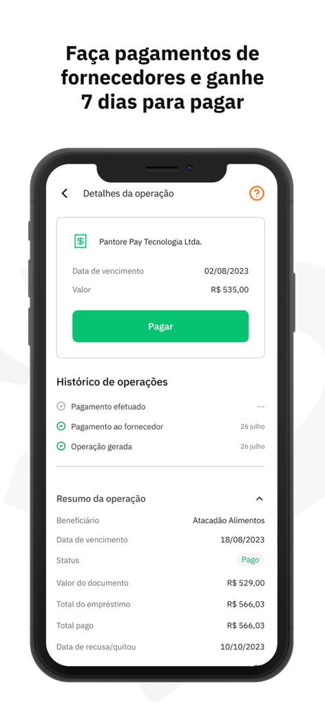 Pantore Pay - Smartphone screen showing the Pantore Pay app operation details and transaction history for supplier payments
