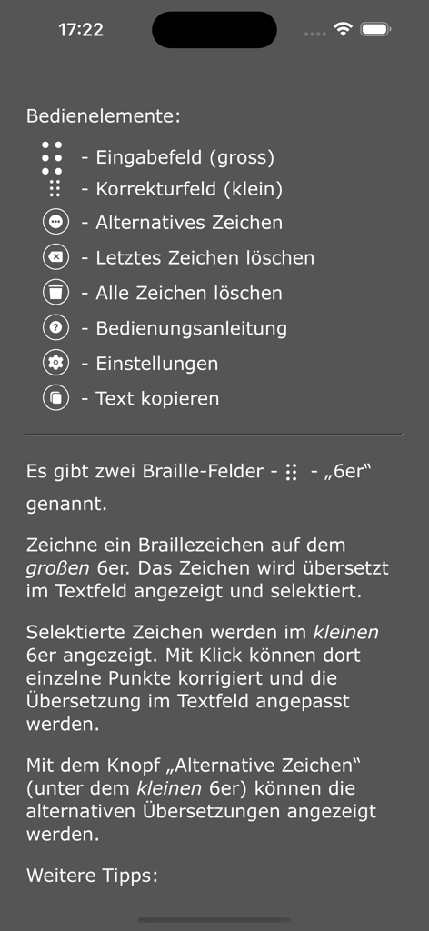 Écran d'aide de l'application Braille montrant les icônes de contrôle et les instructions pour utiliser les champs d'entrée à six points.