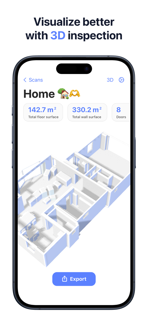 Room Scanner 앱의 상세한 주택 3D 평면도 모델.