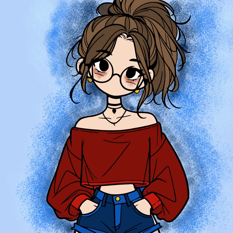 girl with a messy ponytail glasses a baggy crop top and jean shorts