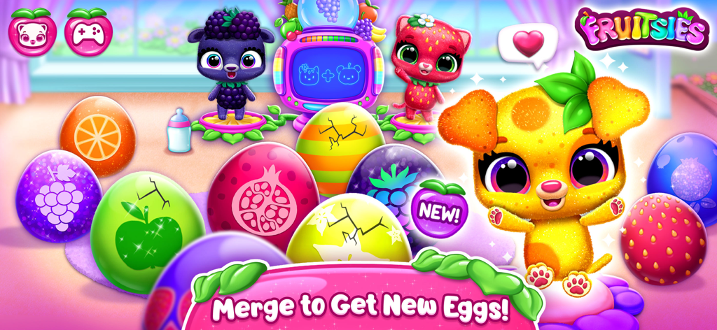 Fruitsies - Pet Friends - A vibrant screen from the Fruitsies game featuring colorful fruit-themed eggs and cute animal characters with a prompt to merge eggs.
