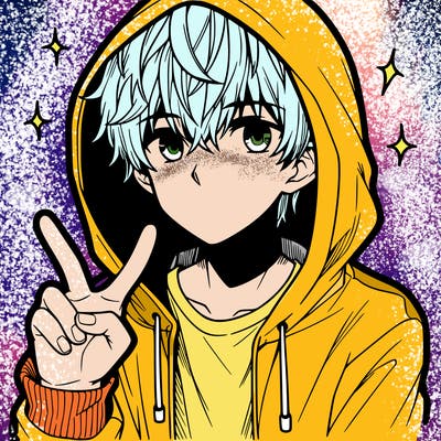 teenage manga boy in a hoodie, doing ✌