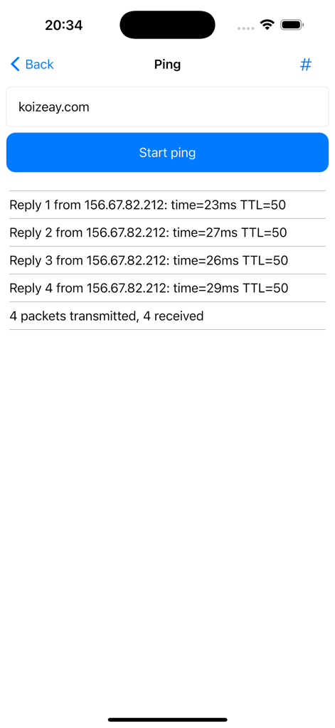 NetTools - Network Toolbox - Die Benutzeroberfläche der NetTools-App zeigt ein erfolgreiches Ping-Testergebnis für eine Domain mit Latenz- und Paketinformationen an.