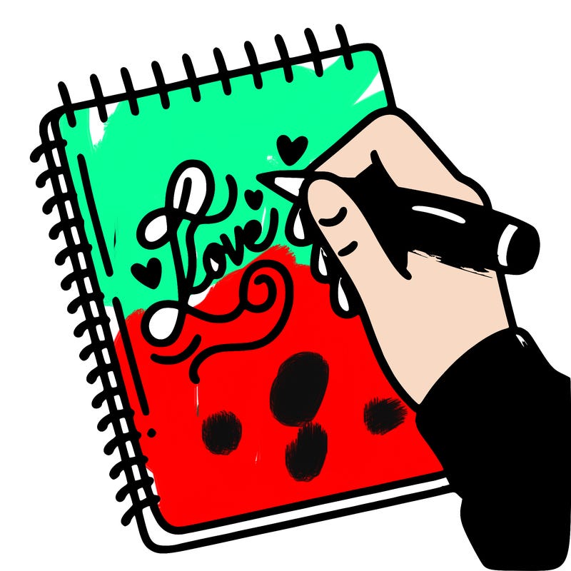 a hand writing “love” in calligraphy on a notebook
