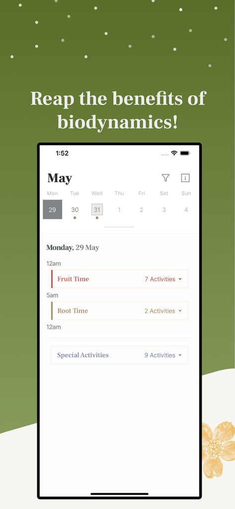 Biodynamic Gardening Calendar - Mobile app interface showing biodynamic gardening activities for fruit and root plant types