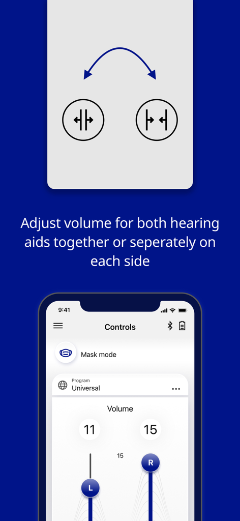 AudioService App - Interface of the AudioService app showing independent volume control sliders for left and right hearing aids