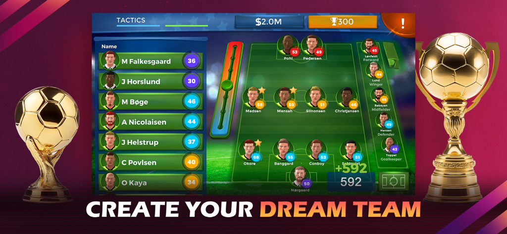 Pro 11 - Soccer Manager Game - Pantalla de tácticas en Pro 11 Soccer Manager que muestra la alineación de los jugadores y las formaciones en un campo virtual