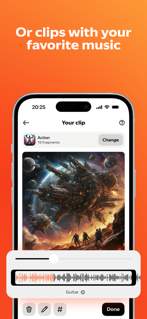Interface de l'application mobile Shedevrum montrant un clip IA sur le thème de l'espace avec une forme d'onde d'édition musicale.