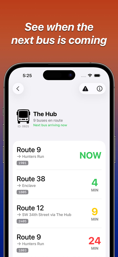 NaviGator for Gainesville RTS - NaviGator app interface showing real time bus arrival times at The Hub bus stop