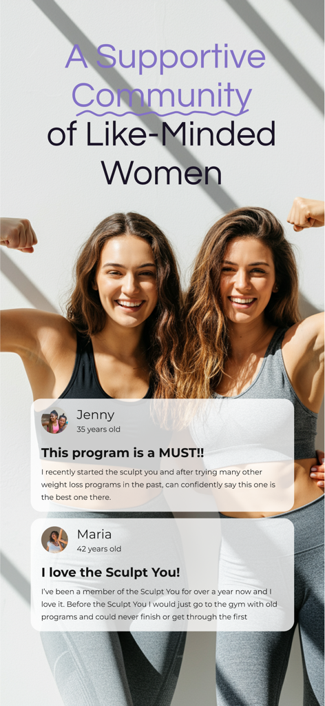 Sculpt You: Women's Fitness - Two smiling women in workout gear with positive user testimonials for the Sculpt You fitness app.