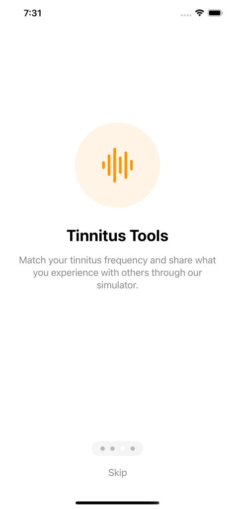 An onboarding screen for the Audiology and Tinnitus app titled Tinnitus Tools with a description of the frequency matching and simulator features.
