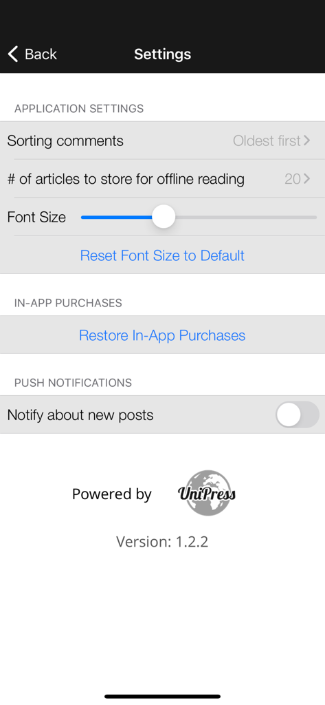 Israel My Glory Magazine - Écran des paramètres de l'application Israel My Glory Magazine montrant le réglage de la taille de la police, les options de stockage hors ligne et les paramètres de notification.