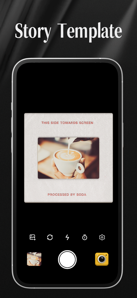 Dazz Camera - Interfaccia dell'app Dazz Camera che mostra un modello di storia vintage con una foto di un latte caffè in una cornice istantanea