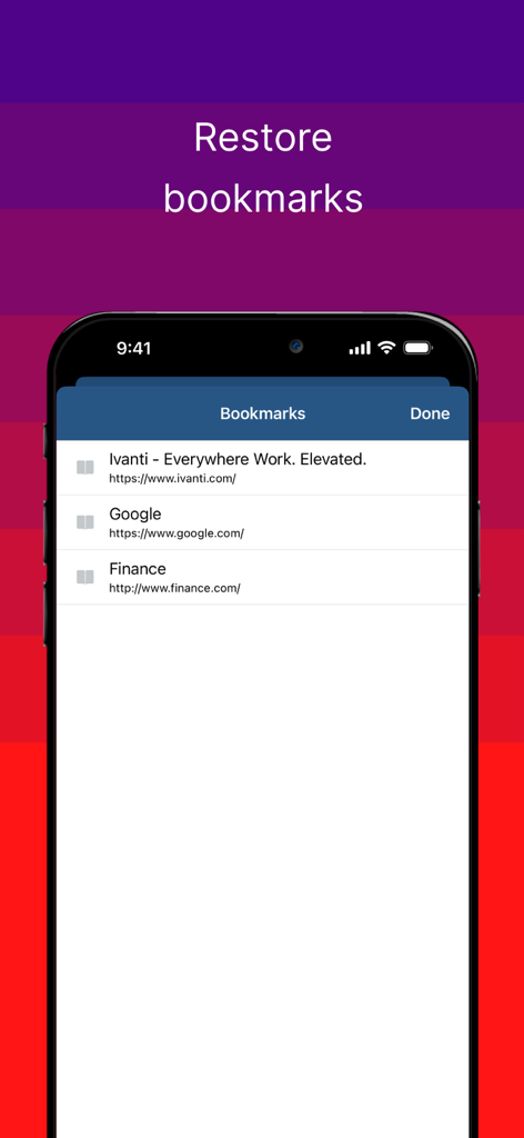 Ivanti Web@Work mobile app interface showing a list of bookmarks on a smartphone