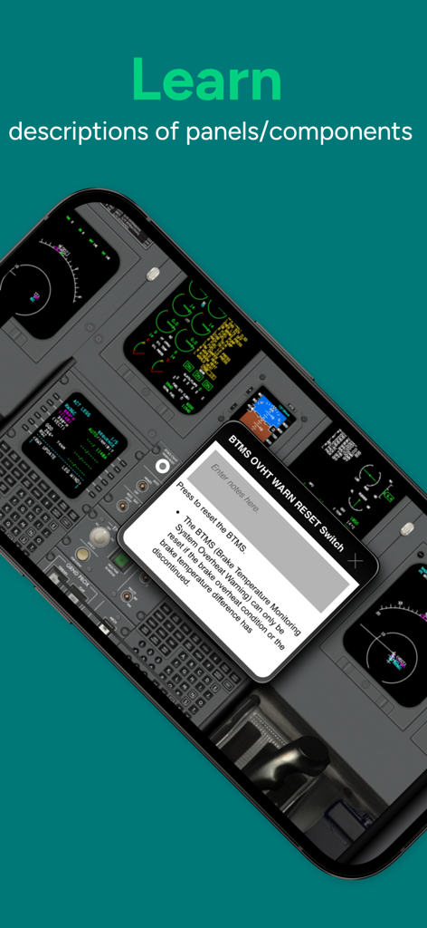 CRJ-700 cockpit app interface showing detailed switch descriptions and note taking feature