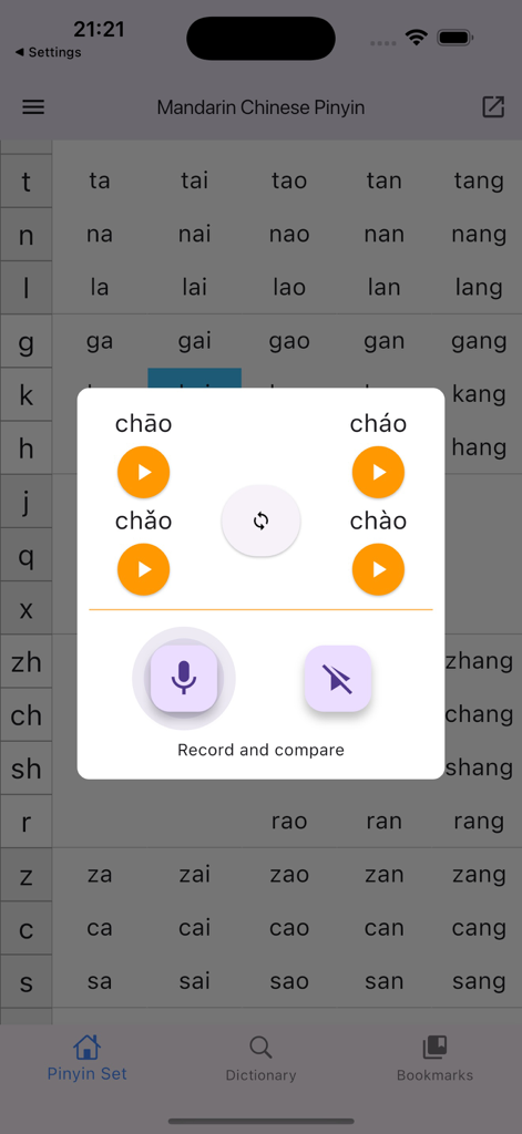 Mandarin Chinese Pinyin - Mandarin Chinesisch Pinyin App zeigt ein Raster von Silben und ein Pop-up zum Üben der vier Töne von Chao