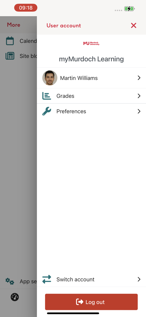 myMurdoch LMS - User account settings screen in myMurdoch LMS app showing grades and preferences