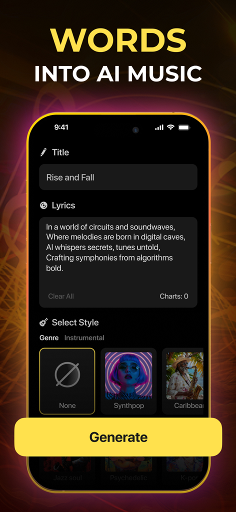 Music AI - Song Generator App - 노래 생성을 위한 스타일 선택 옵션과 함께 제목 및 가사 입력 필드를 보여주는 Music AI 앱 인터페이스