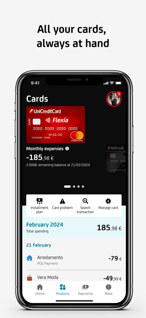 UniCredit mobile banking app interface showing credit card details and transaction history