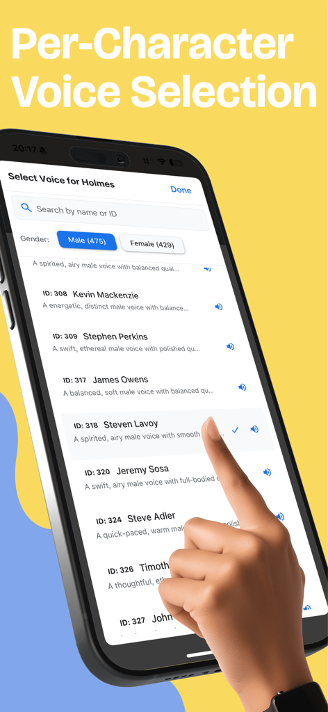 BookNPC - AI TTS eBook Reader - Interface do aplicativo BookNPC mostrando uma seleção de vozes de IA para um personagem de livro específico