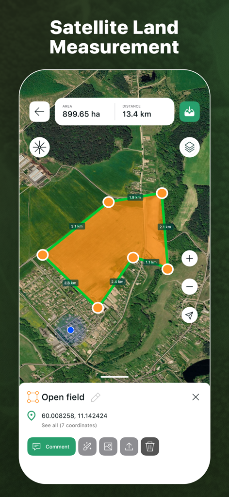 Vista de mapa satelital en la aplicación GeoMark midiendo el área de un campo abierto con marcadores GPS