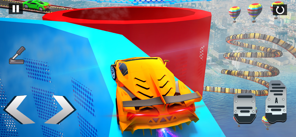 Drift Race Car Driving Games - A yellow sports car driving on a blue and red mega ramp overlooking a city with hot air balloons in the background