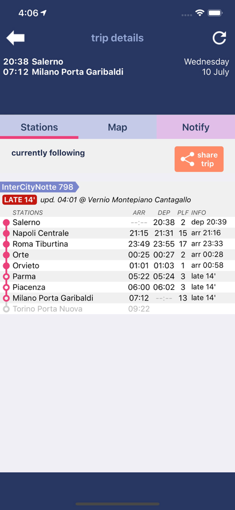Real-time train trip details in the Trenit app showing station stops arrival times and delay status for a journey in Italy