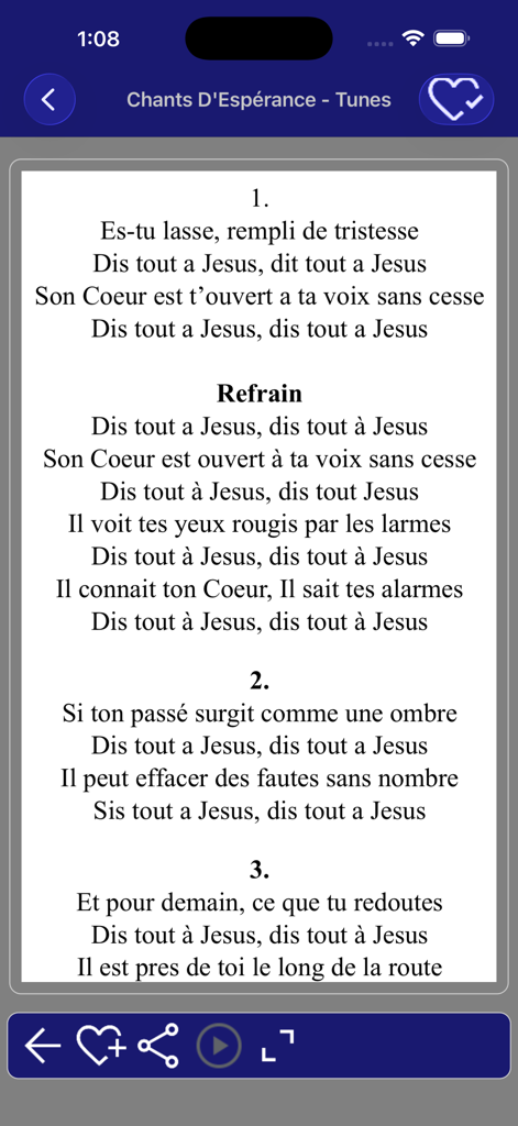 Hymn lyrics displayed in the Chants DEsperance app with music player controls