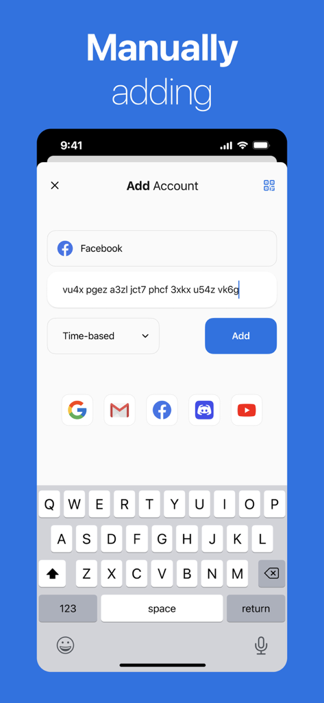 セットアップキー入力とサービスアイコンを使用して、新しい2FAアカウントを手動で追加するためのインターフェイス