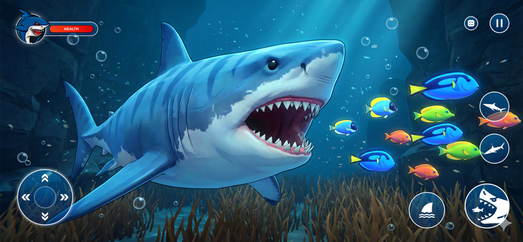 Angry Megalodon Shark Attack - A large megalodon shark swimming with its mouth open towards a school of colorful fish in an underwater simulation game